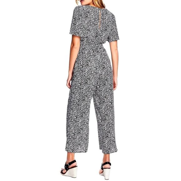 1.STATE Floral Flutter Sleeve Tie Waist Jumpsuit In Rich Black and White M - Picture 3 of 12